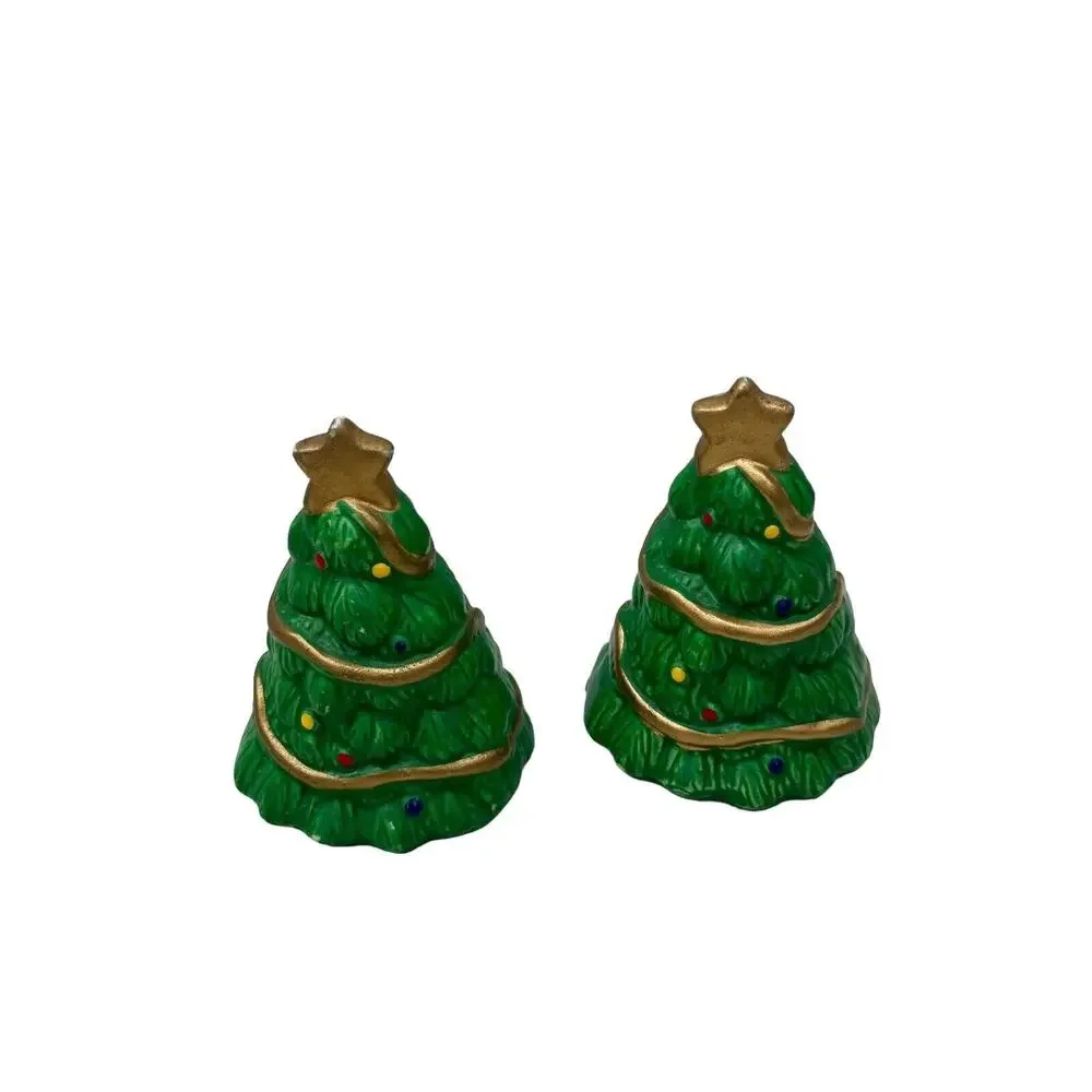 Christmas Tree Salt & Pepper Shaker Set Green With Gold Holiday Star 3.5 Inch